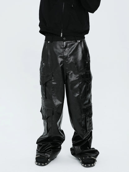 Glossy Coated Multi-Pocket Wide Leg Cargo Pants WN17249