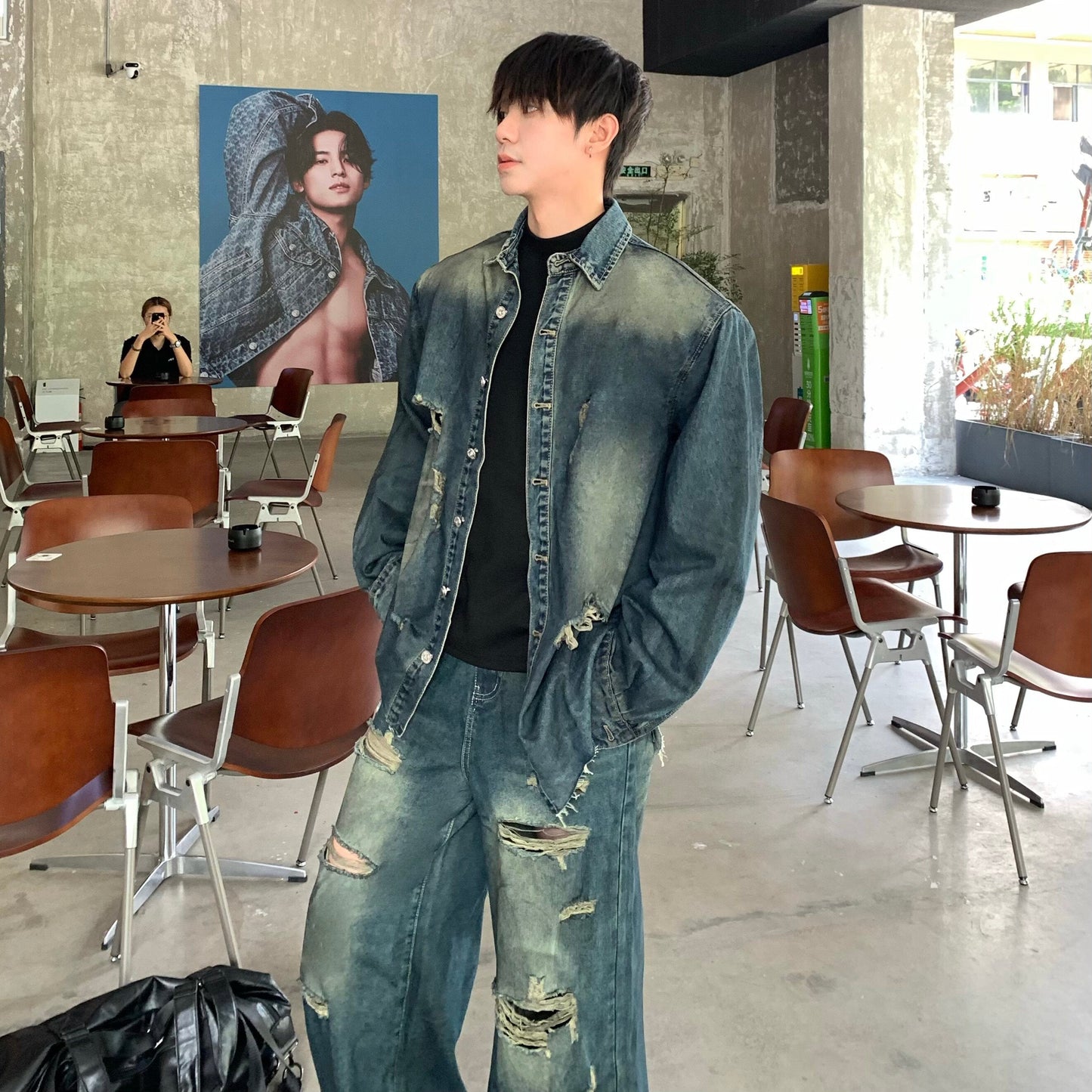 Damage Denim Jacket & Wide Leg Denim Jeans Setup WN25305