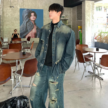 Damage Denim Jacket & Wide Leg Denim Jeans Setup WN25305