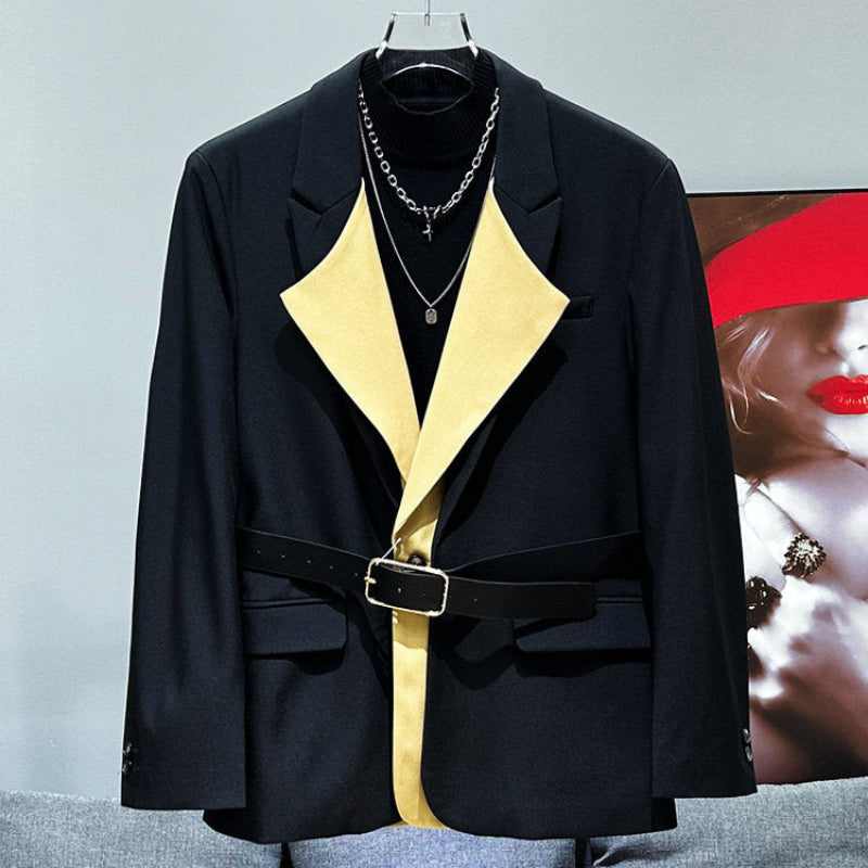Patchwork Color Block Fake Layered Tailored Jacket & Straight Trousers Setup WN23926