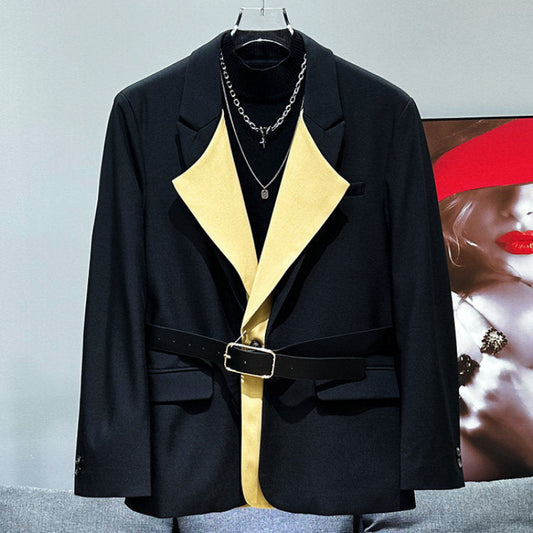 Patchwork Color Block Fake Layered Tailored Jacket & Straight Trousers Setup WN23926