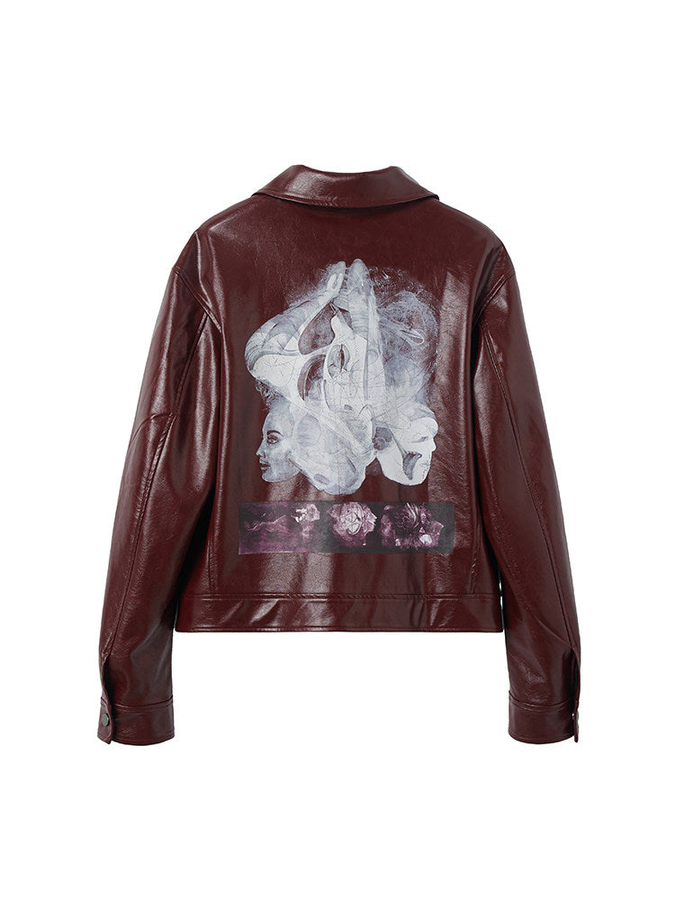 Lapel Print Short PU Leather Jacket WN27107