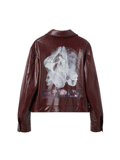 Lapel Print Short PU Leather Jacket WN27107