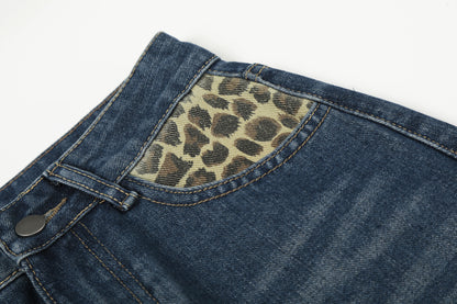 Leopard Print Cross Wide Leg Denim Jeans WN25579