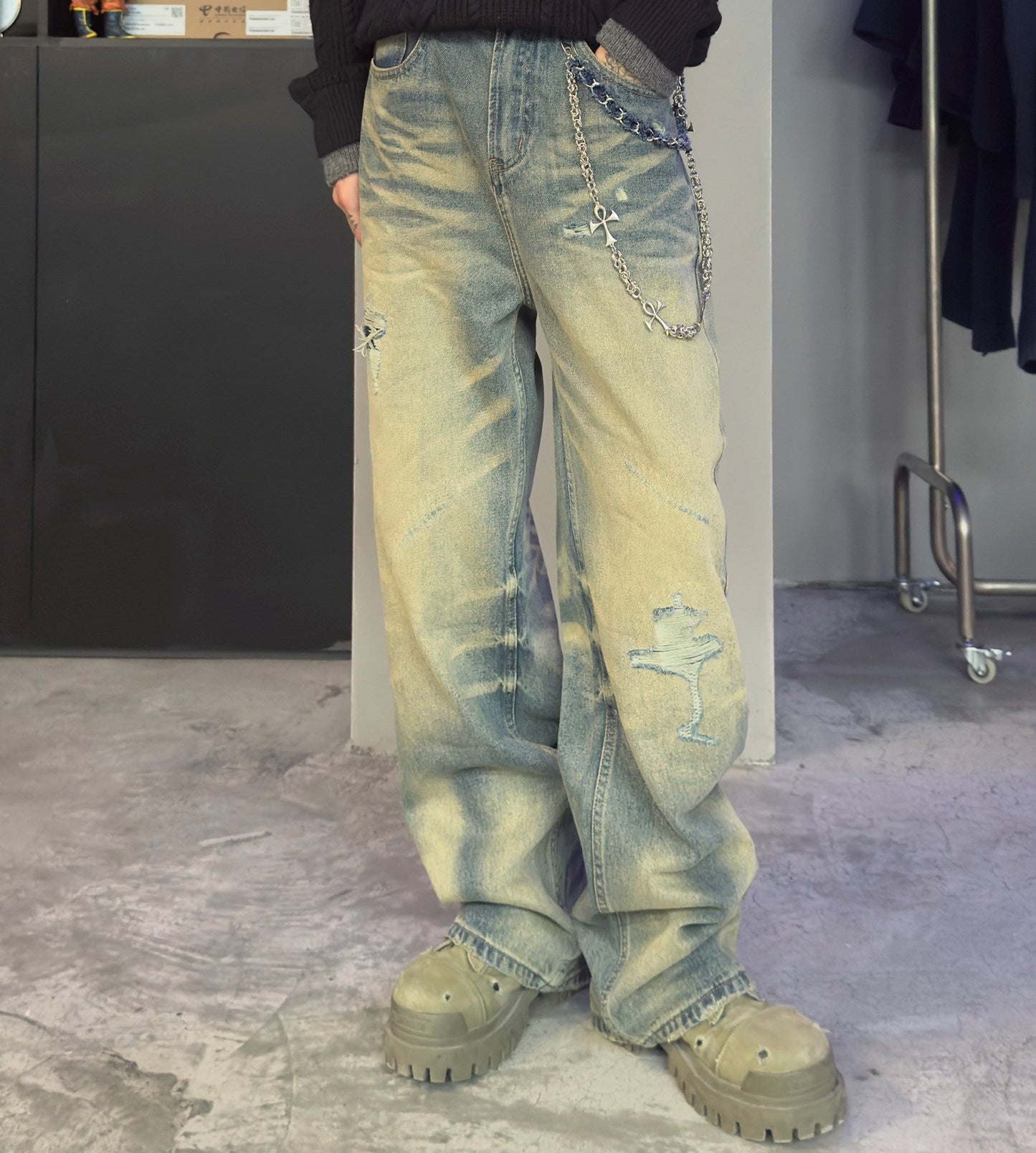 Washed Damage Straight Leg Denim Jeans WN22954