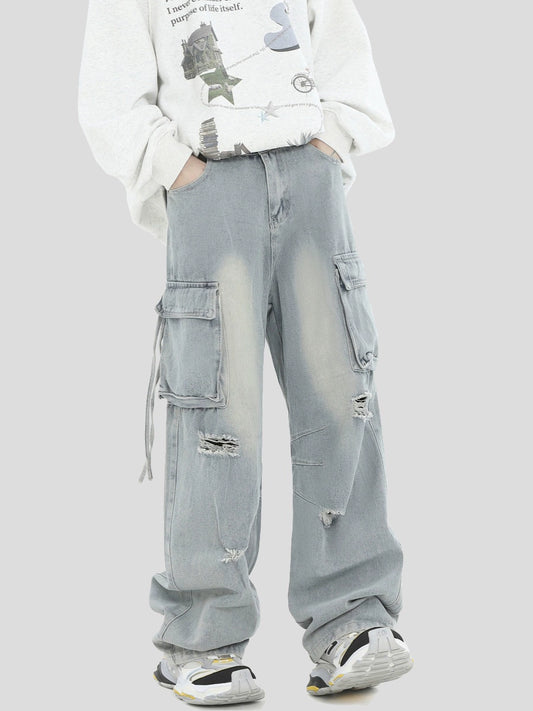 Wide-Leg Straight Cargo Denim Jeans WN7228