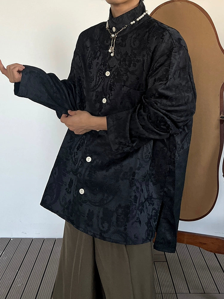 Embroidery Jacquard Stand Neck Long Sleeve Shirt WN20033