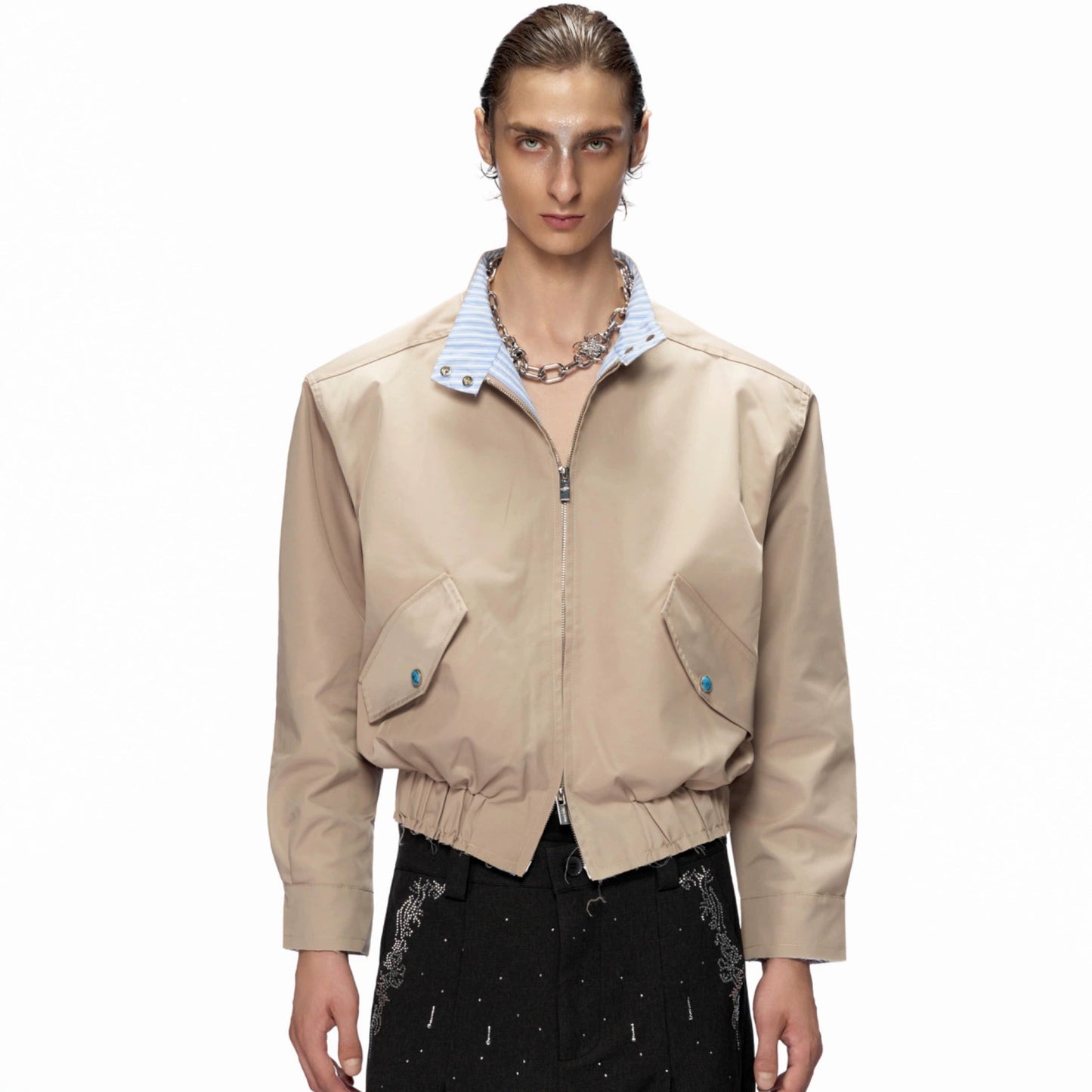 Striped Patchwork Standing-Collar Short Jacket WN20520