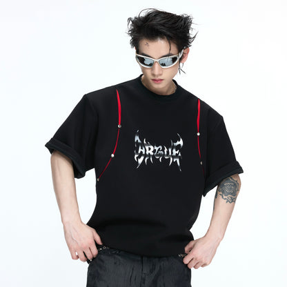 Deconstruction Liquid Print Contrast Panel Rivet Short Sleeve T-Shirt WN26976