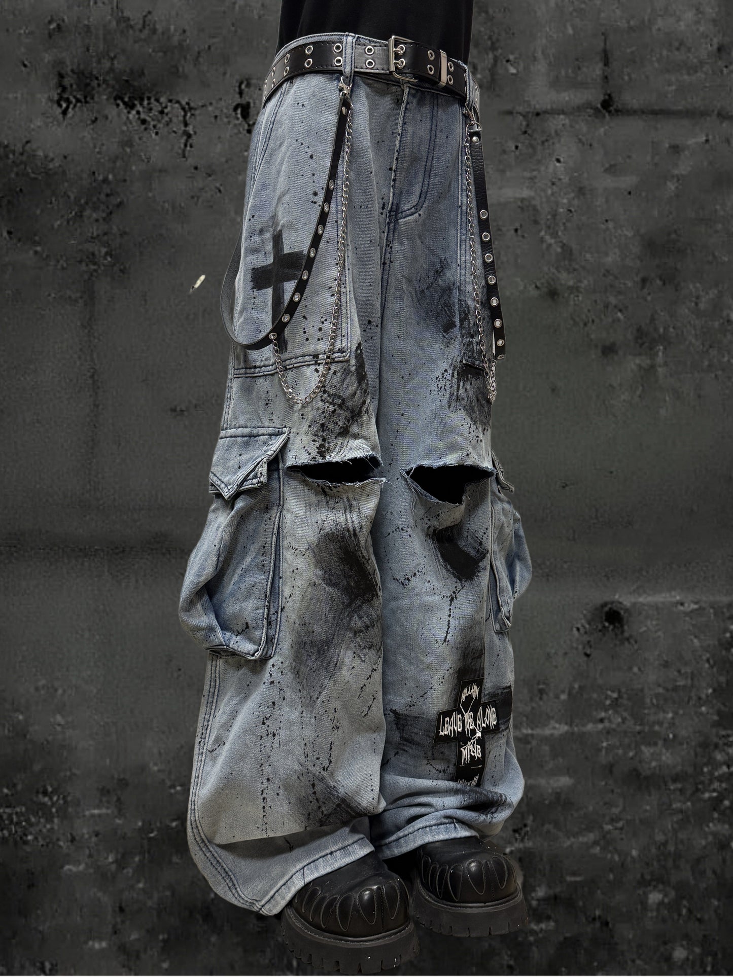 Damage Paint Cargo Wide Leg Denim Jeans & Skull Belt & Belt Chain WN23788