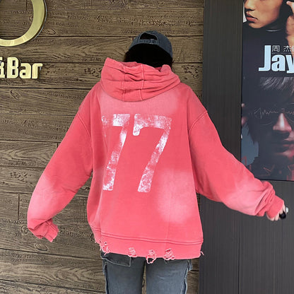Washed Letter Rhinestone Design Damage Hoodie WN25384