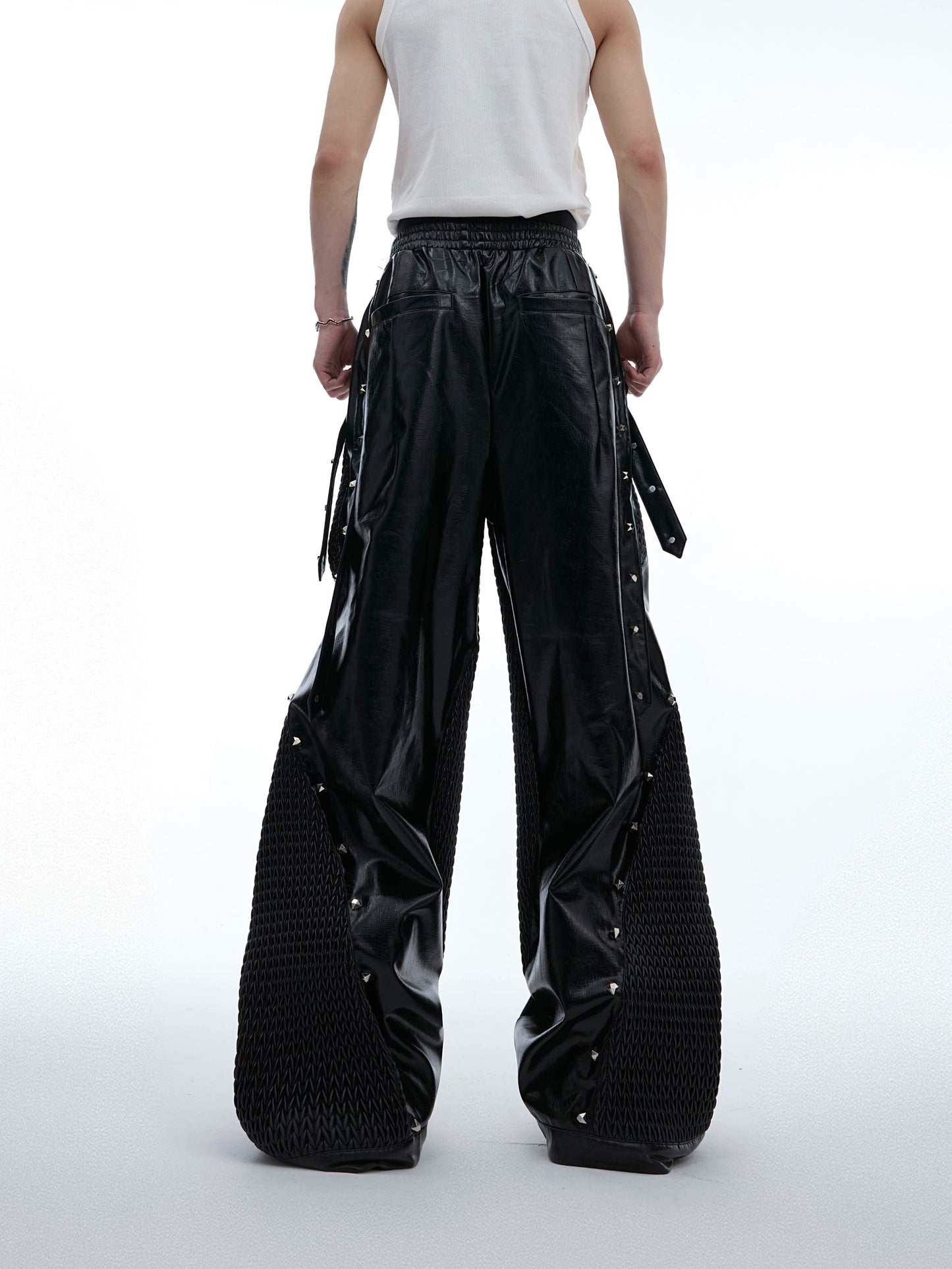 Pleated Metal Rivet Design Wide Leg PU Leather Pants WN7488