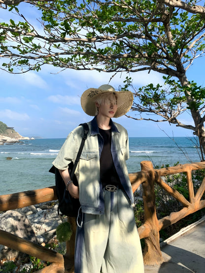 Paint Denim Short Sleeve Shirt & Wide Leg Denim Jeans Setup WN19866