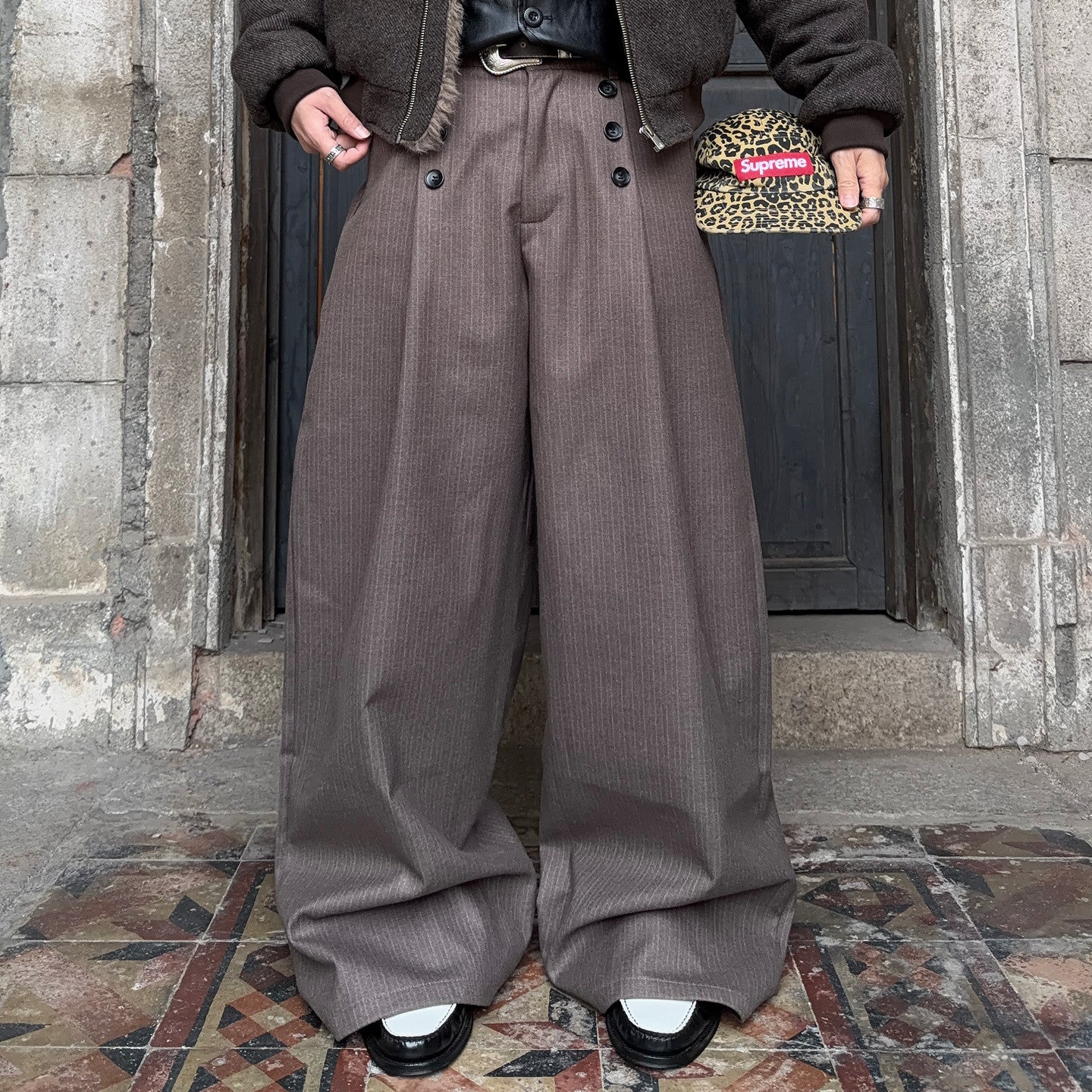 Pleats Striped Button Detail Wide Leg Trousers WN24386