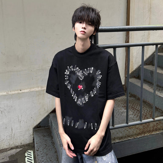 Safety Pin Heart Print Oversize Short Sleeve T-Shirt WN20753
