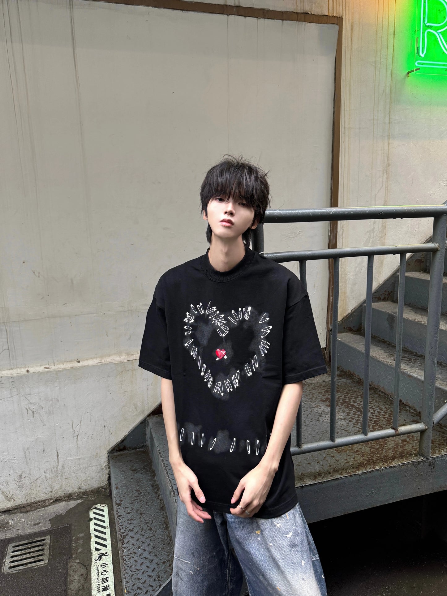 Safety Pin Heart Print Oversize Short Sleeve T-Shirt WN20753