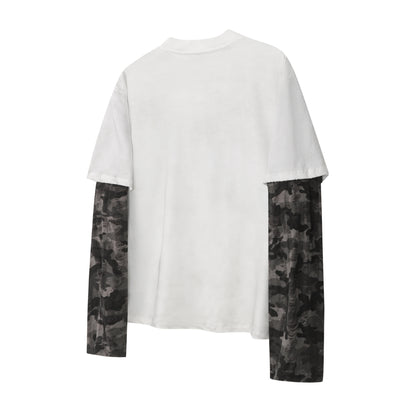Fake Layered Camo Letter Print Washed Long Sleeve T-Shirt WN25609