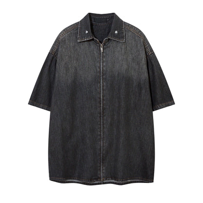 Gradient Wash Zipper Short Sleeve Denim Shirt WN5239