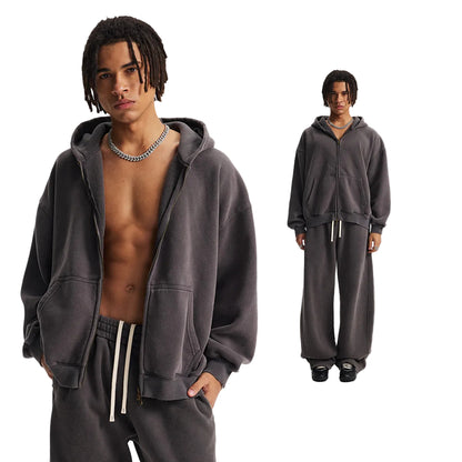 Fleece Lining Zip-Up Wax Dye Zipper Hoodie & Wide Leg Pants Sweatpants WN23112