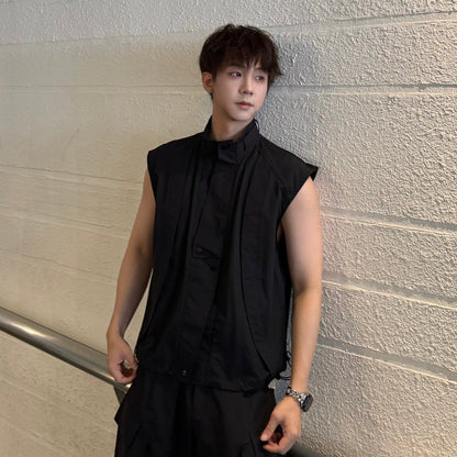 Standing-Collar Sleeveless Multi-Pocket Jacket & Multi-Pocket Wide Leg Cargo Pants Setup WN25236