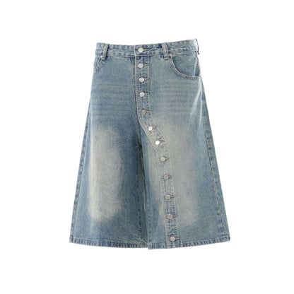 Raw Asymmetrical Button Denim Half Jeans WN26120