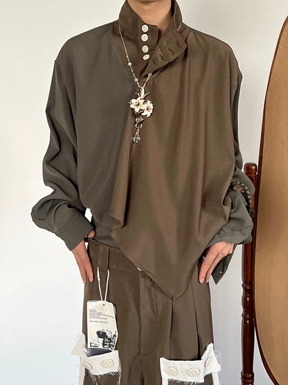 Patchwork Stand Neck Long Sleeve Shirt WN19994