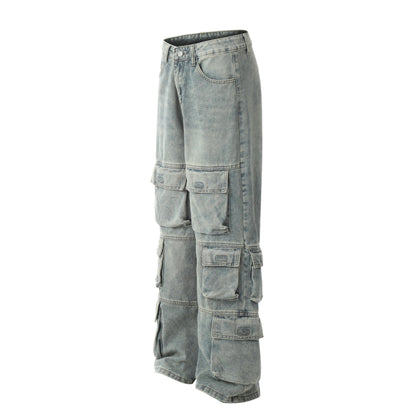 Washed Denim Cargo Jeans WN11042