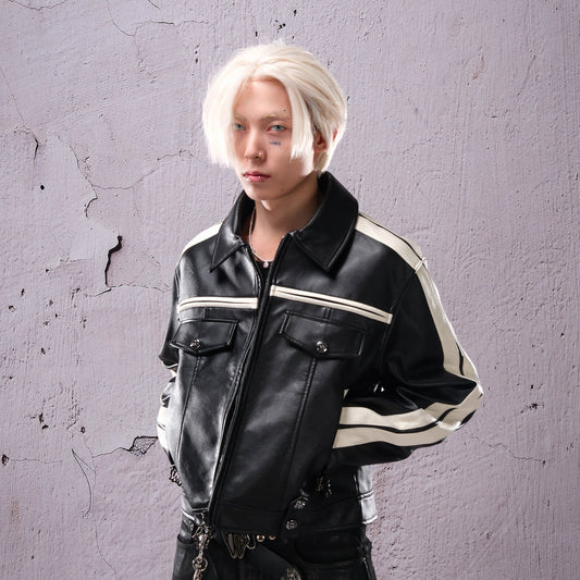 Stripe Embossed PU Leather Jacket WN26663