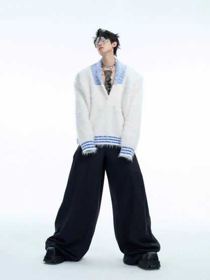 Contrast V-Neck Shaggy Knit Sweater WN10564