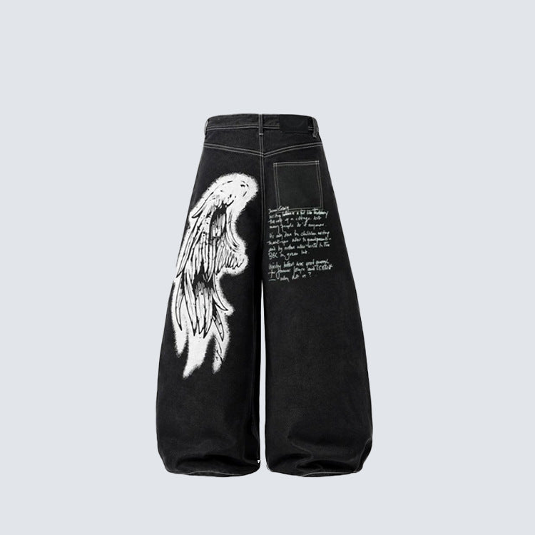 Wing Graphic Multi-Pocket Wide Leg Denim Jeans WN28114