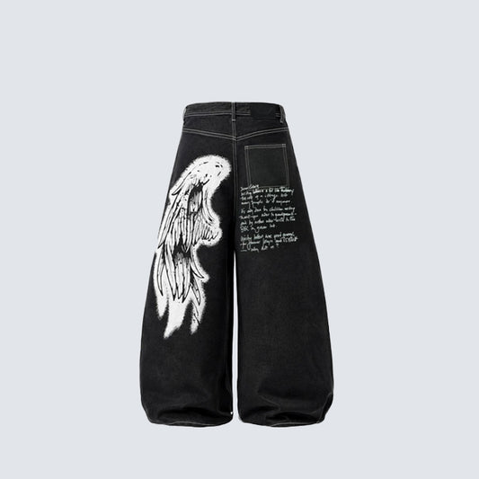 Wing Graphic Multi-Pocket Wide Leg Denim Jeans WN28114