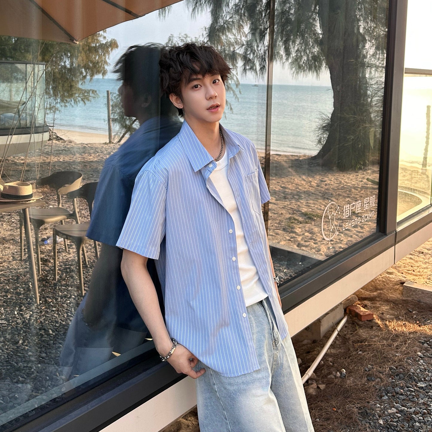 Stripe Pocket Open Collar Short Sleeve Shirt WN25301