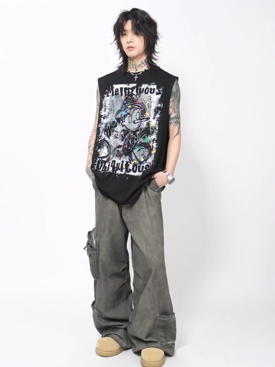 Graffiti Cartoon Graphic Print Oversize Sleeveless T-Shirt WN24435