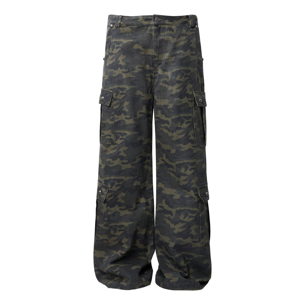 Camouflage Cargo Pocket Wide Leg Denim Jeans WN28009