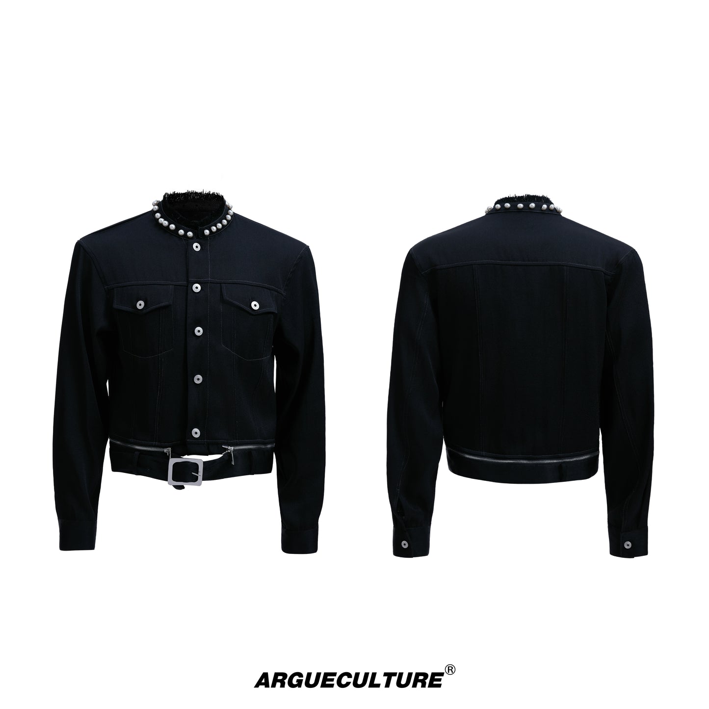 Pearl Detail Collarless Short Denim Jacket & Cargo Denim Jeans Setup WN20513