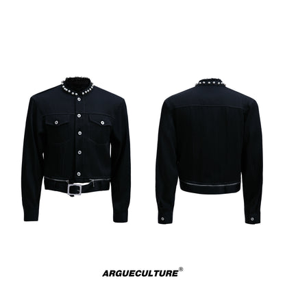 Pearl Detail Collarless Short Denim Jacket & Cargo Denim Jeans Setup WN20513