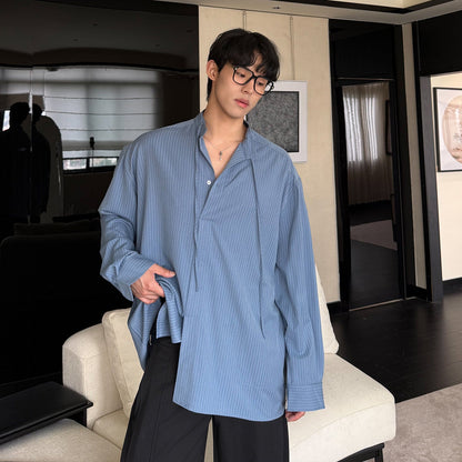 Stripe Open Collar Oversize Long Sleeve Shirt WN24904