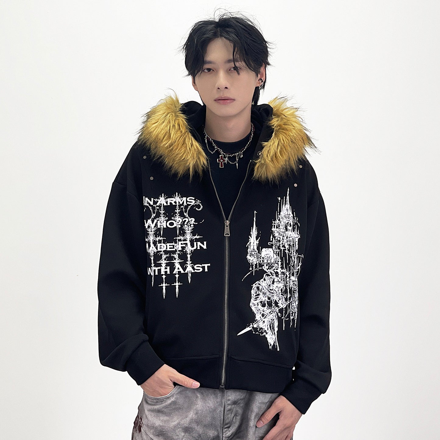 Fake Fur Collar Gothic Graphic Print Hoodie WN24283