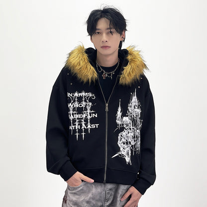Fake Fur Collar Gothic Graphic Print Hoodie WN24283