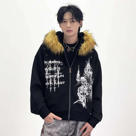 Fake Fur Collar Gothic Graphic Print Hoodie WN24283