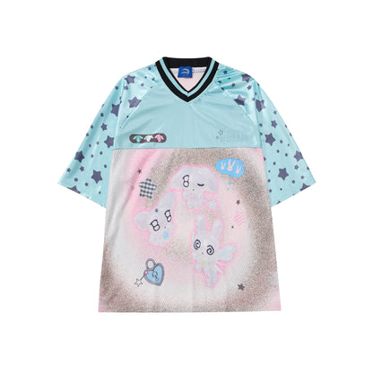 Cartoon Graphic Print V-Neck Short Sleeve T-Shirt WN25590