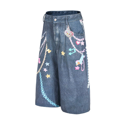 3D Chain Print Curved Leg Cropped Denim Pants WN26838