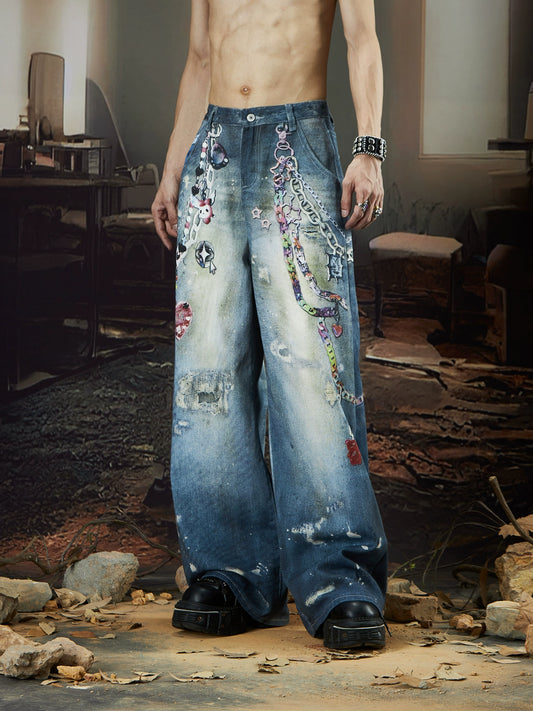 Colorful Chain Print Washed Wide Leg Denim Jeans WN18423