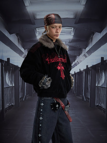 Cross Embroidery Fur Collar Oversize Padded Jacket WN22853