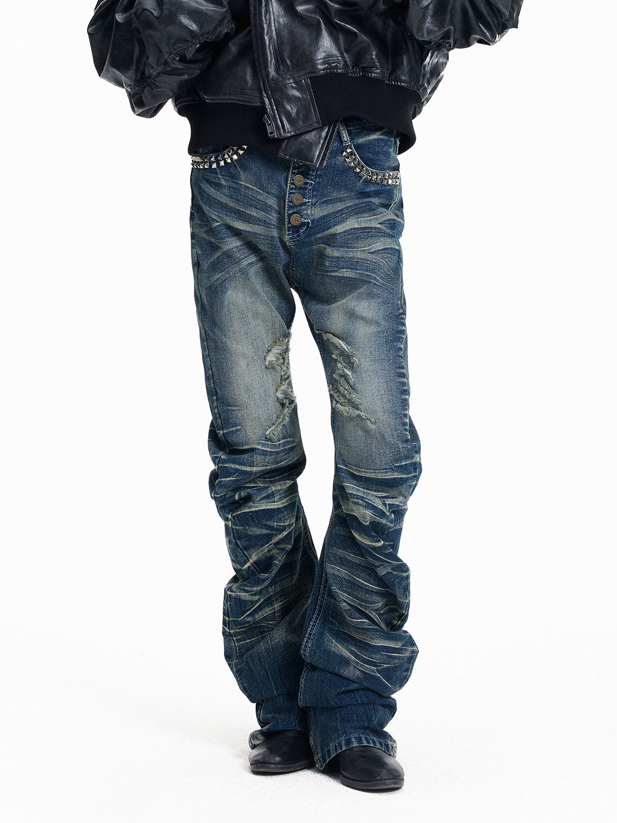 Stud Button Whisker Damage Denim Jeans WN27351