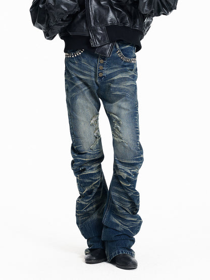 Stud Button Whisker Damage Denim Jeans WN27351