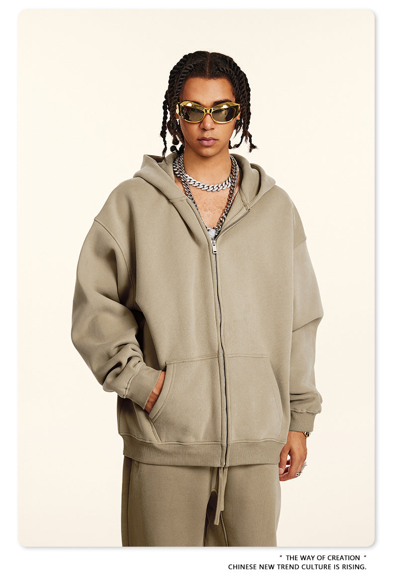 Fleece Lining Oversize Washed Zipper Hoodie WN9943