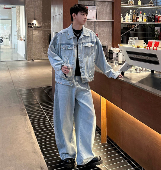 Metal Buckle Damage Denim Jacket & Wide Leg Denim Jeans Setup WN25271