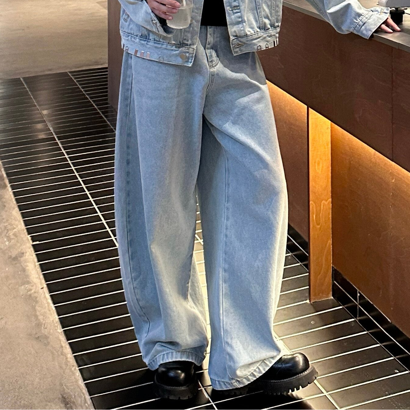 Metal Buckle Damage Denim Jacket & Wide Leg Denim Jeans Setup WN25271