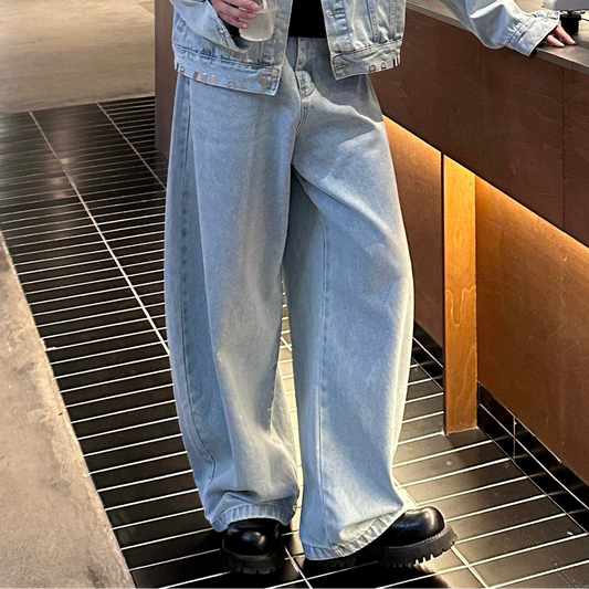 Metal Buckle Damage Denim Jacket & Wide Leg Denim Jeans Setup WN25271